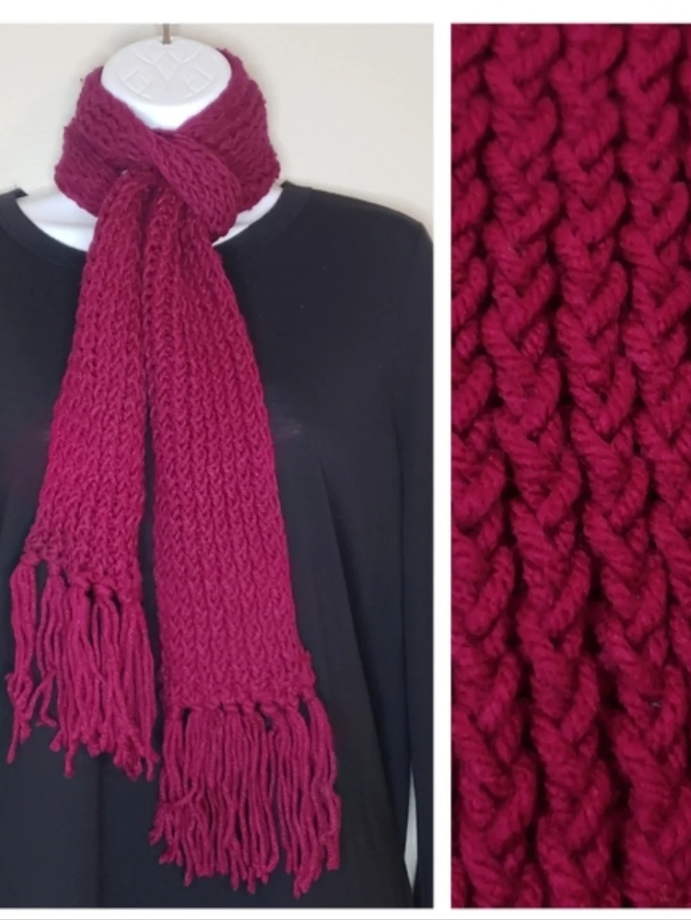 Handmade Burgundy Chunky Knit Scarf with Fringe Tassels - Boho Winter Wrap